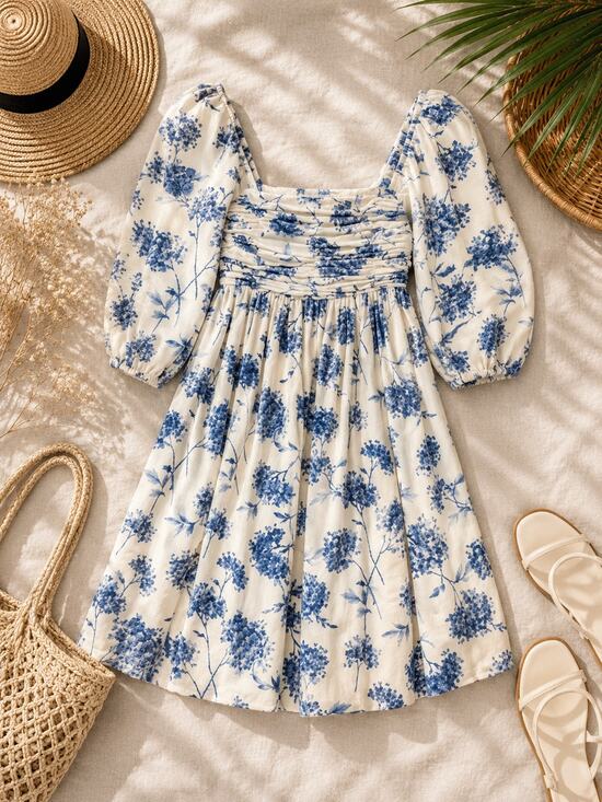 Abercrombie & Fitch Dresses & Skirts - Abercrombie & Fitch Emerson Poplin Puff Sleeve Mini Dress Blue Floral Size MT